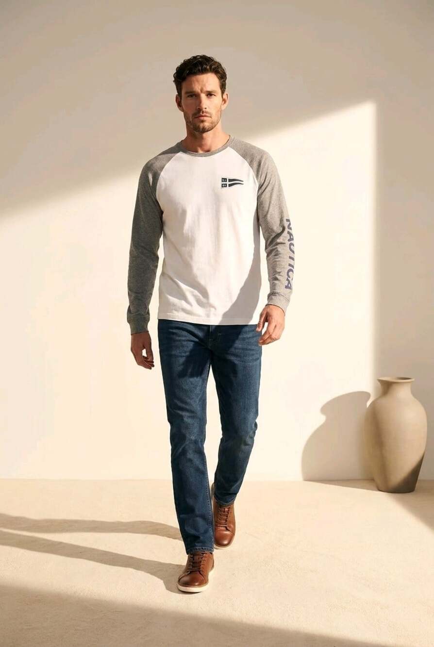 Nautica Long-Sleeve Raglan Shirt Colorblock White Contrast Grey Bold Logo NS-83